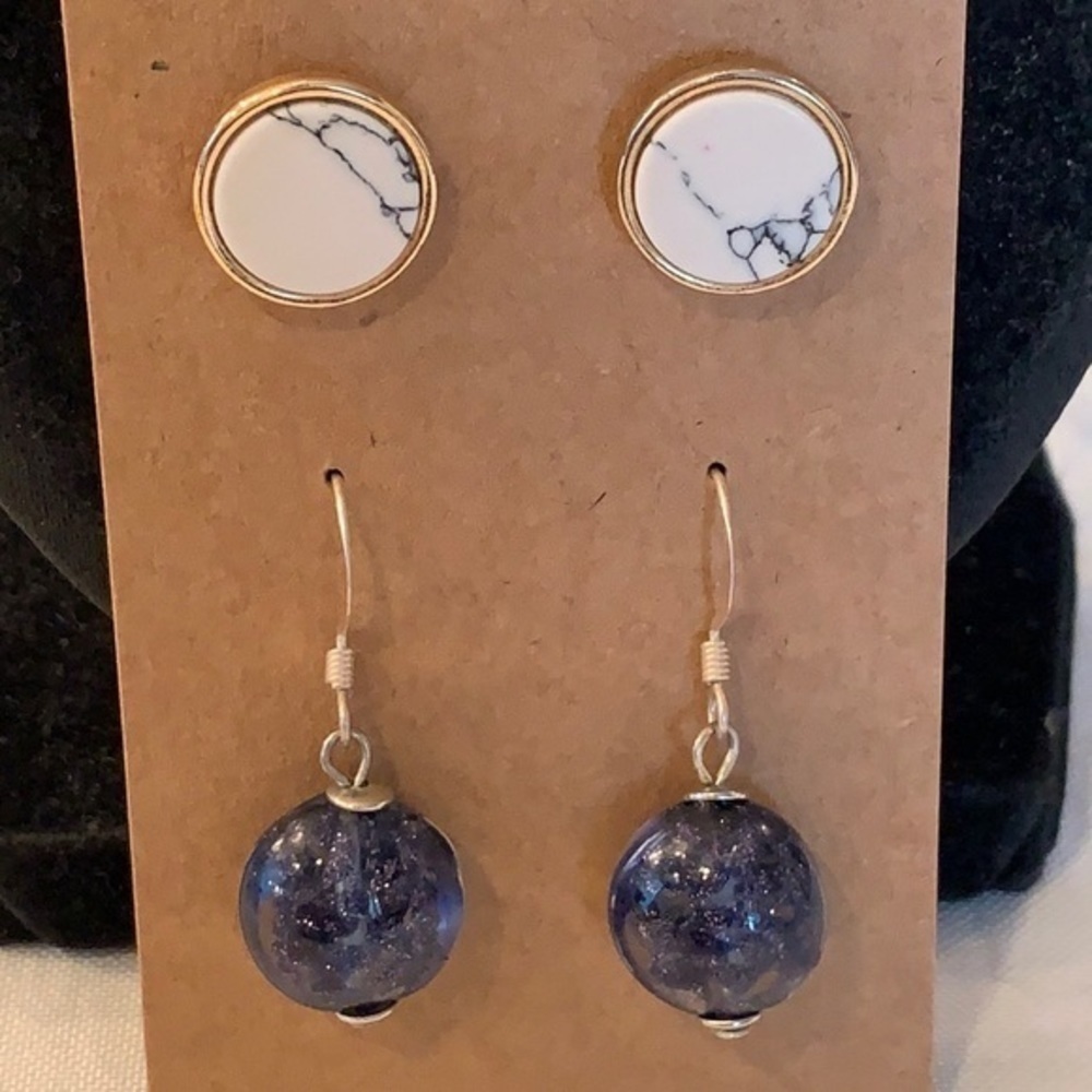 💐5/25 2 pair earrings faux marble disc stud